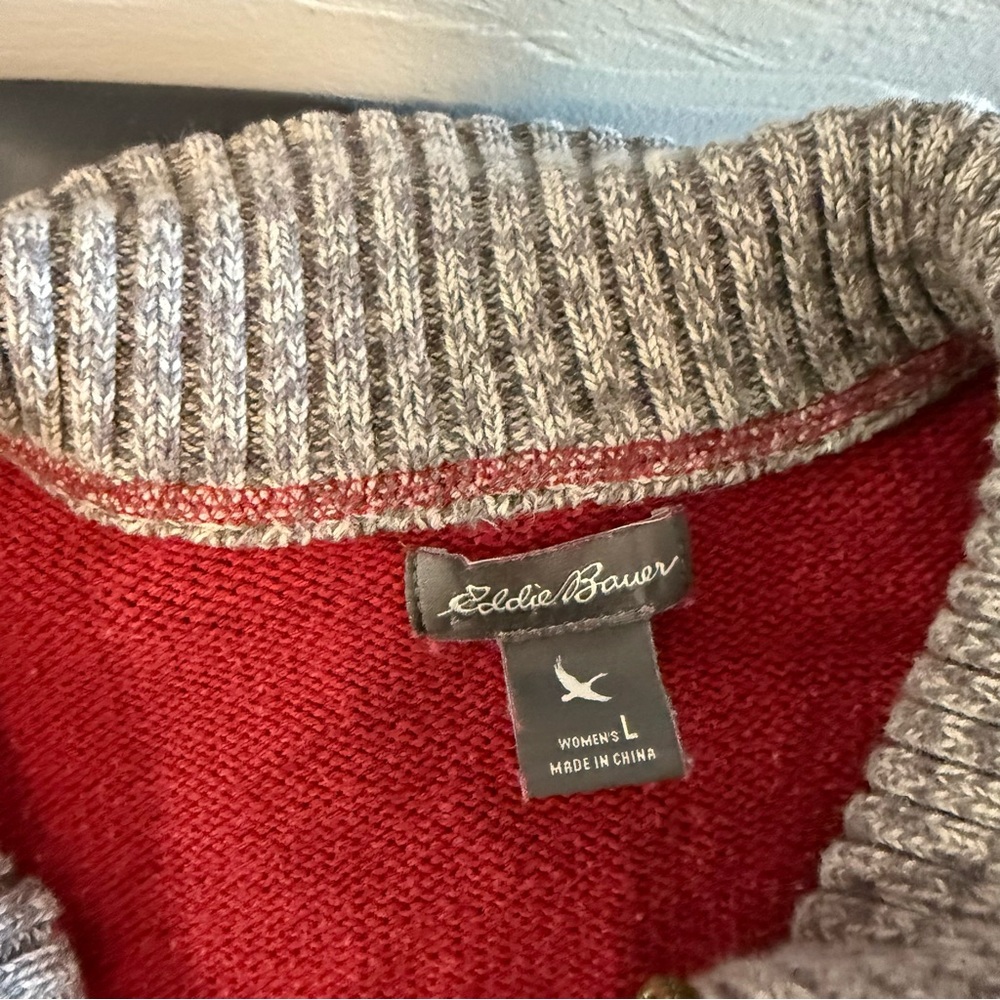 Eddie Bauer Full Zip Fair Isle Collared Grey Red Sweater Christmas Winter Knit L - Picture 4 of 8